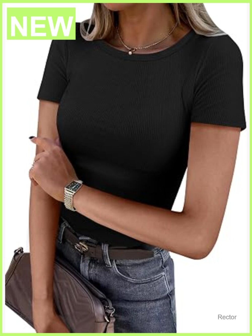 Women's Ribbed Short Sleeve Crewneck Tee - Slim Fit Basic T-Shirt, Stretchy